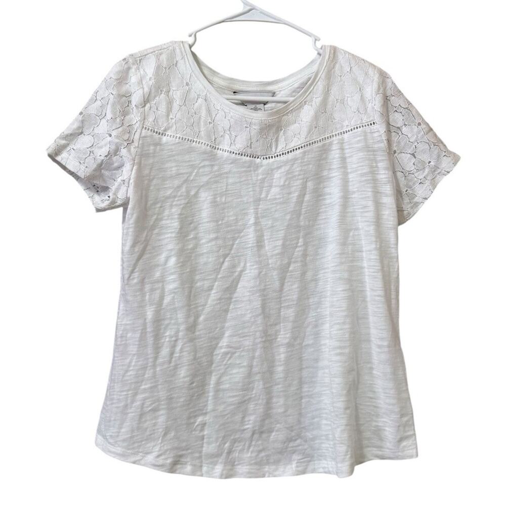 Liz Claiborne Women Size Medium White Short Sleeve Blouse Lace Cotton Blend